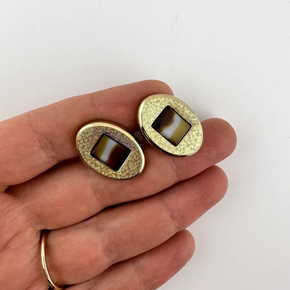 Vintage Hickok Canada Gold Tone Oval Cufflinks Set Inset Glass Rectangle 1